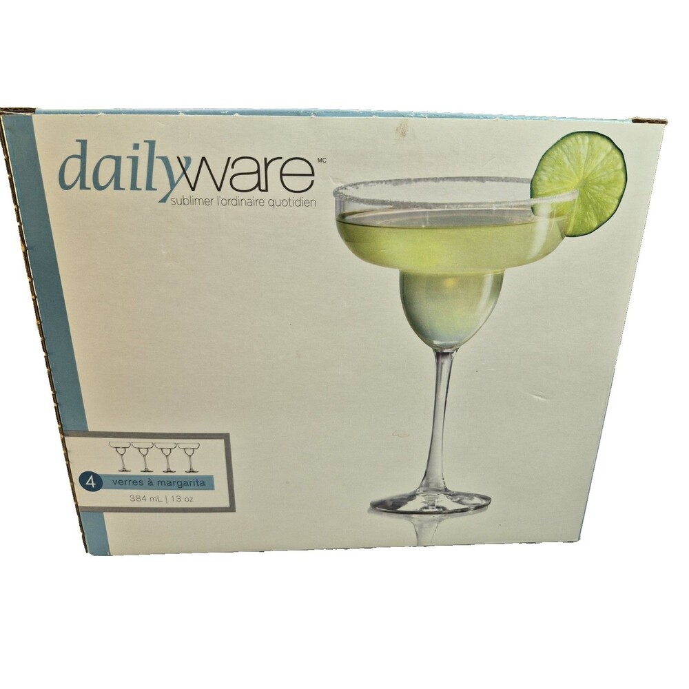 Dailyware 12 oz Margarita Glasses Set of 4 Clear Glass Stemmed Barware 7.5” H